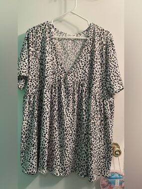 Cream n Sugar Leopard Print V-Neck Babydoll top - Cream, Black, Brown